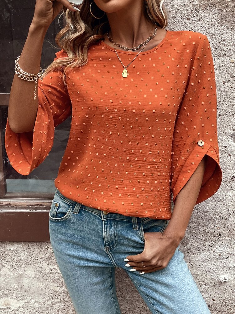 EMERY ROSE Women's Polka Dot Cutout Textured Mid Sleeve Asymmetrical Cuff Detailing Button Accent Bohemian Style Loose Round Neck Blouse - Orange - View 6