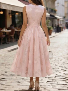 EMERY ROSE V-Neck Elegant Romantic Chiffon Floral Print Dress, Suitable For Vacation And Commute, Fashion High-End French Style - Pink - View 2