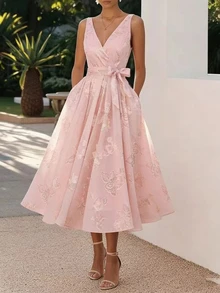 EMERY ROSE V-Neck Elegant Romantic Chiffon Floral Print Dress, Suitable For Vacation And Commute, Fashion High-End French Style - Pink - View 4