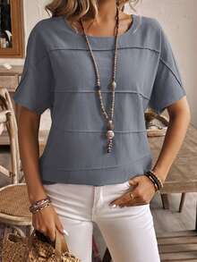 EMERY ROSE Women Vacation Leisure Solid Color Batwing Sleeve Shirt - Blue - View 7