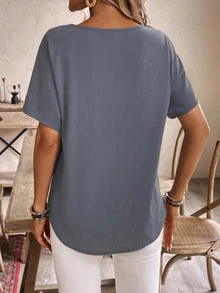 EMERY ROSE Women Vacation Leisure Solid Color Batwing Sleeve Shirt - Blue - View 2