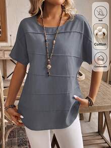 EMERY ROSE Women Vacation Leisure Solid Color Batwing Sleeve Shirt - Blue - View 3