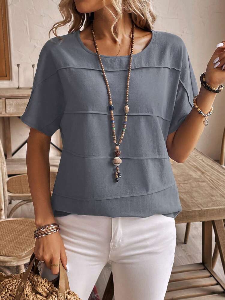 EMERY ROSE Women Vacation Leisure Solid Color Batwing Sleeve Shirt - Blue - View 4