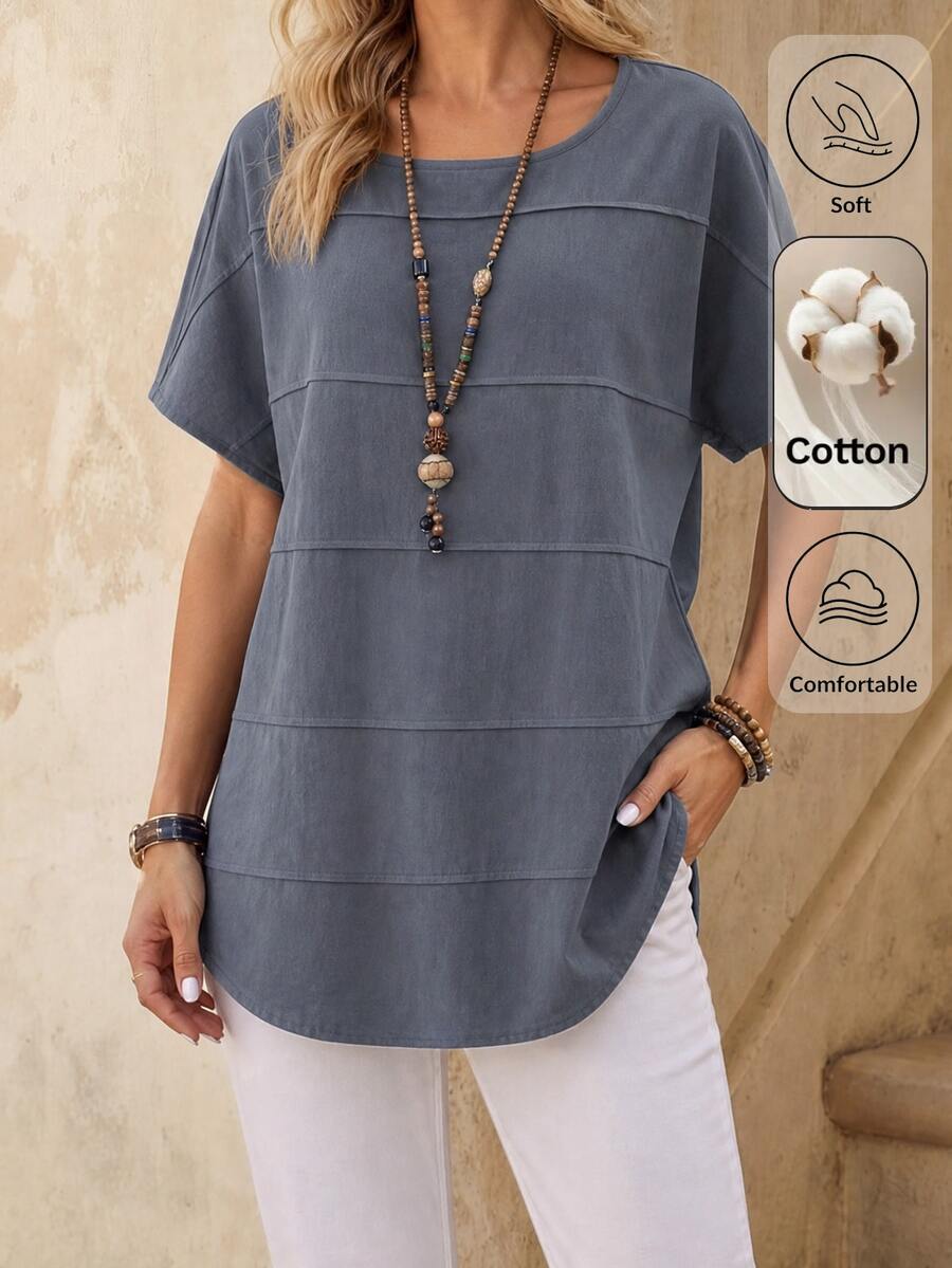 EMERY ROSE Women Vacation Leisure Solid Color Batwing Sleeve Shirt - Blue - View 1