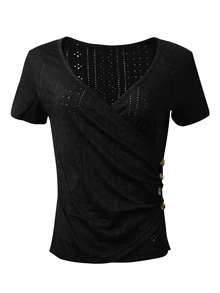EMERY ROSE Women's Solid Color V-Neck Ruched Fitted Casual Elegant Short Sleeve T-Shirt Formal Office Summer - Black - View 4