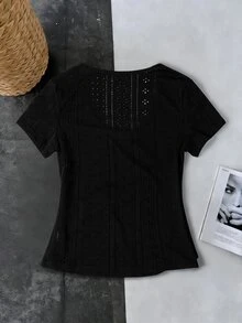 EMERY ROSE Women's Solid Color V-Neck Ruched Fitted Casual Elegant Short Sleeve T-Shirt Formal Office Summer - Black - View 5