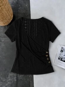 EMERY ROSE Women's Solid Color V-Neck Ruched Fitted Casual Elegant Short Sleeve T-Shirt Formal Office Summer - Black - View 6