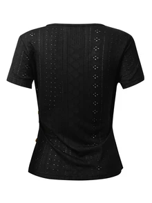 EMERY ROSE Women's Solid Color V-Neck Ruched Fitted Casual Elegant Short Sleeve T-Shirt Formal Office Summer - Black - View 2