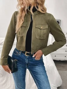 EMERY ROSE Women's Autumn/Winter Short Jacket With Large Pockets And Metal Buttons In Army Green - Army Green - View 7