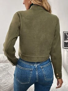 EMERY ROSE Women's Autumn/Winter Short Jacket With Large Pockets And Metal Buttons In Army Green - Army Green - View 2