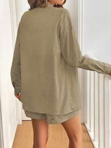 EMERY ROSE Conjunto vintage de camisa y pantalones cortos de algodón cómodos y casuales - Camel - Ver 2