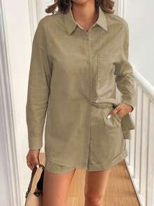 EMERY ROSE Conjunto vintage de camisa y pantalones cortos de algodón cómodos y casuales - Camel - Ver 6