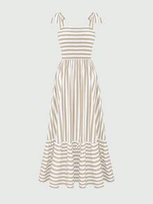 EMERY ROSE Women's Shoulder Strap Chest Gathered Striped Dress Maxi Vacation Beach Outfit - Khaki - View 4