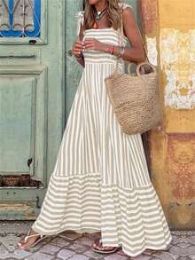 EMERY ROSE Women's Shoulder Strap Chest Gathered Striped Dress Maxi Vacation Beach Outfit - Khaki - View 3