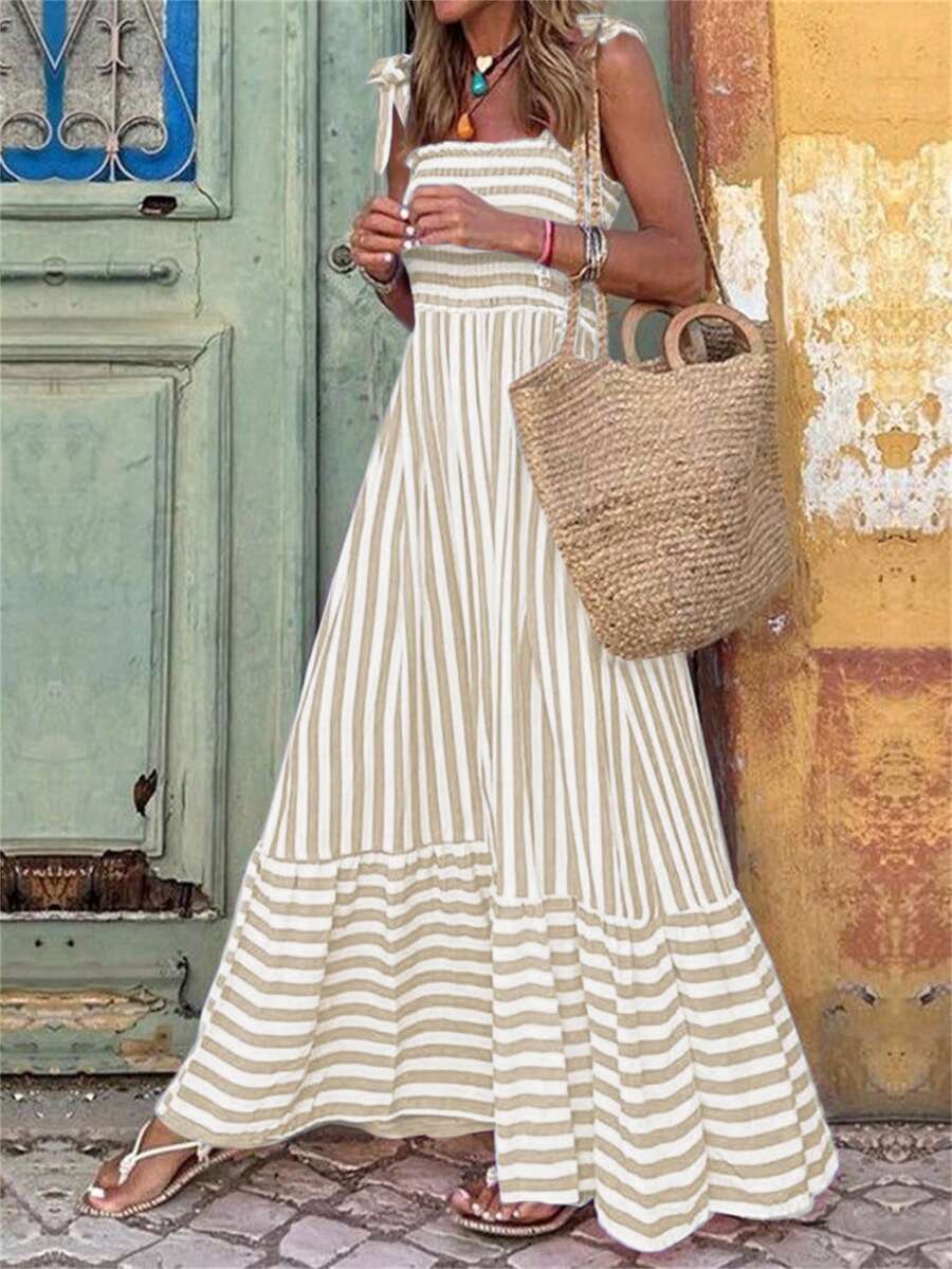EMERY ROSE Women's Shoulder Strap Chest Gathered Striped Dress Maxi Vacation Beach Outfit - Khaki - View 1