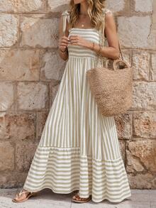 EMERY ROSE Women's Shoulder Strap Chest Gathered Striped Dress Maxi Vacation Beach Outfit - Khaki - View 1