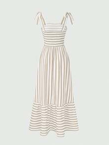 EMERY ROSE Women's Shoulder Strap Chest Gathered Striped Dress Maxi Vacation Beach Outfit - Khaki - View 2