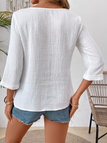 EMERY ROSE Women Summer Solid Color Loose Simple Casual Shirt With Three-Quarter Sleeves - White - View 2