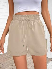 EMERY ROSE Women's Summer Casual Solid Color Drawstring Waist Shorts - Khaki - View 5