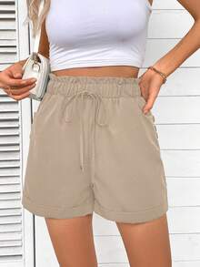 EMERY ROSE Women's Summer Casual Solid Color Drawstring Waist Shorts - Khaki - View 4