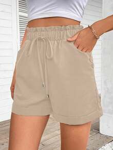 EMERY ROSE Women's Summer Casual Solid Color Drawstring Waist Shorts - Khaki - View 7