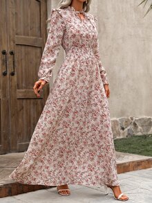 EMERY ROSE Tie Neck Long Sleeve Floral Dress Maxi Vacation Beach Outfits Women Fall Cloth For Women - White - View 5