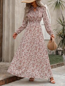 EMERY ROSE Tie Neck Long Sleeve Floral Dress Maxi Vacation Beach Outfits Women Fall Cloth For Women - White - View 4