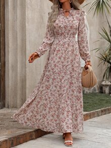 EMERY ROSE Tie Neck Long Sleeve Floral Dress Maxi Vacation Beach Outfits Women Fall Cloth For Women - White - View 6