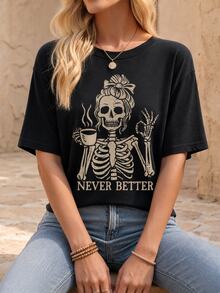 EMERY ROSE Coffee Skull Girl Lettered Round-Neck Short-Sleeved Fashionable Women's T-Shirt - Black - View 1