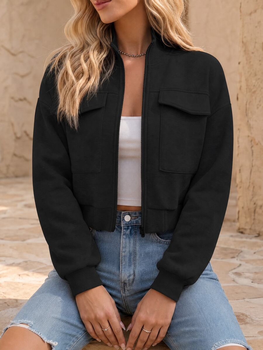 EMERY ROSE Zip Up Flap Pocket Sweatshirt,Long Sleeve Tops Graduation,Teacher,Back To School Fall - Black - View 1