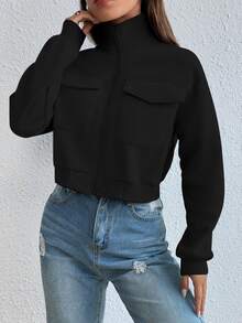EMERY ROSE Zip Up Flap Pocket Sweatshirt,Long Sleeve Tops Graduation,Teacher,Back To School Fall - Black - View 7