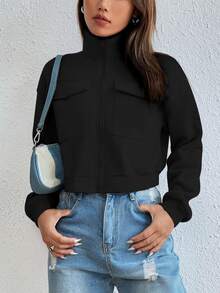 EMERY ROSE Zip Up Flap Pocket Sweatshirt,Long Sleeve Tops Graduation,Teacher,Back To School Fall - Black - View 5