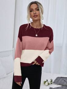 SHEIN Color Block Drop Shoulder Sweater,Long Sleeve Tops Knit Pullover Fall Winter Sweater - Multicolor - View 6