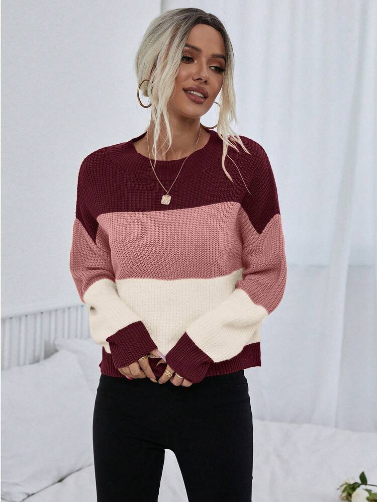 SHEIN Color Block Drop Shoulder Sweater,Long Sleeve Tops Knit Pullover Fall Winter Sweater - Multicolor - View 4