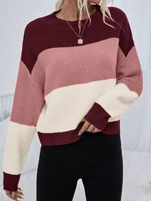SHEIN Color Block Drop Shoulder Sweater,Long Sleeve Tops Knit Pullover Fall Winter Sweater - Multicolor - View 7