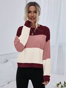 SHEIN Color Block Drop Shoulder Sweater,Long Sleeve Tops Knit Pullover Fall Winter Sweater - Multicolor - View 5