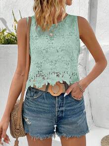 EMERY ROSE Women's Floral Lace Round Neck Sleeveless Fashion Shirt - Mint Green - View 7