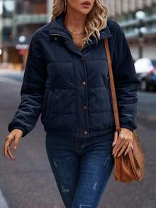 EMERY ROSE Snap Button Up Padded Coat Winter Hiking Navy Blue Casual Elegant Classy Coat - Navy Blue - View 4