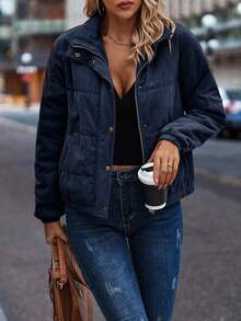 EMERY ROSE Snap Button Up Padded Coat Winter Hiking Navy Blue Casual Elegant Classy Coat - Navy Blue - View 7