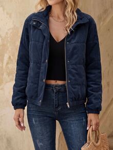 EMERY ROSE Snap Button Up Padded Coat Winter Hiking Navy Blue Casual Elegant Classy Coat - Navy Blue - View 1