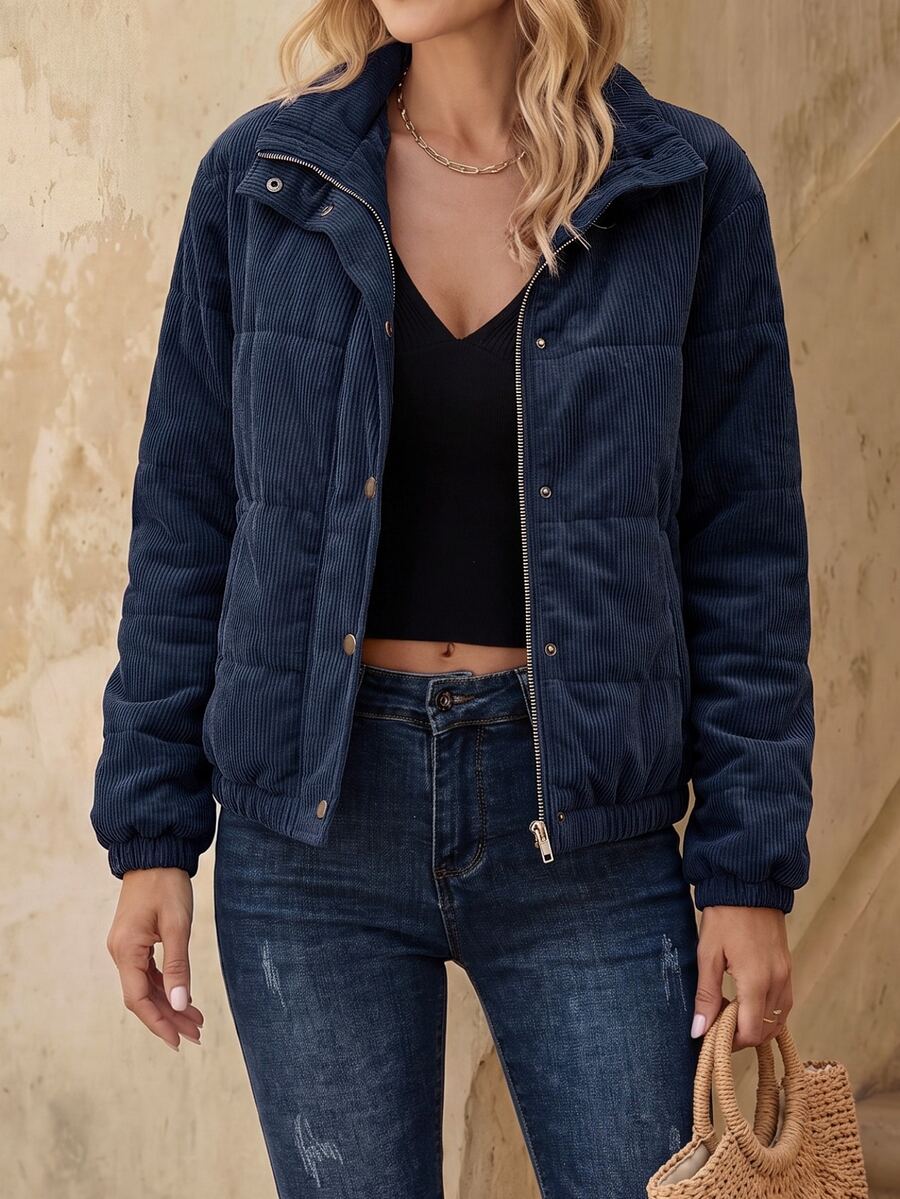 EMERY ROSE Snap Button Up Padded Coat Winter Hiking Navy Blue Casual Elegant Classy Coat - Navy Blue - View 1