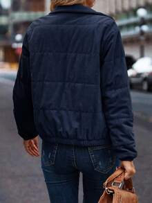 EMERY ROSE Snap Button Up Padded Coat Winter Hiking Navy Blue Casual Elegant Classy Coat - Navy Blue - View 2