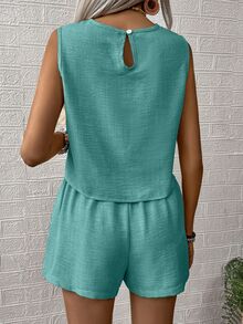 EMERY ROSE Women's Solid Color Round Neck Tank Top And Shorts Casual 2 Pieces Set - Mint Blue - View 2
