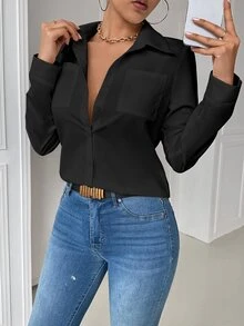 EMERY ROSE Casual Business Casual Elegant Collar Pocket Fitted Black Long Sleeve Women Blouse Women Shirt Autumn Cloth For Women Office Night Out - Black - View 8