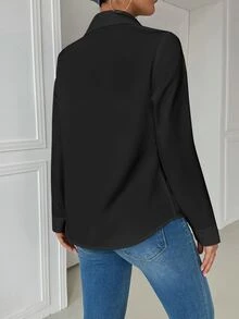 EMERY ROSE Casual Business Casual Elegant Collar Pocket Fitted Black Long Sleeve Women Blouse Women Shirt Autumn Cloth For Women Office Night Out - Black - View 2