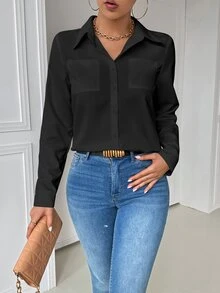 EMERY ROSE Casual Business Casual Elegant Collar Pocket Fitted Black Long Sleeve Women Blouse Women Shirt Autumn Cloth For Women Office Night Out - Black - View 7