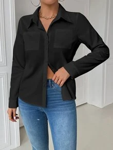 EMERY ROSE Casual Business Casual Elegant Collar Pocket Fitted Black Long Sleeve Women Blouse Women Shirt Autumn Cloth For Women Office Night Out - Black - View 6