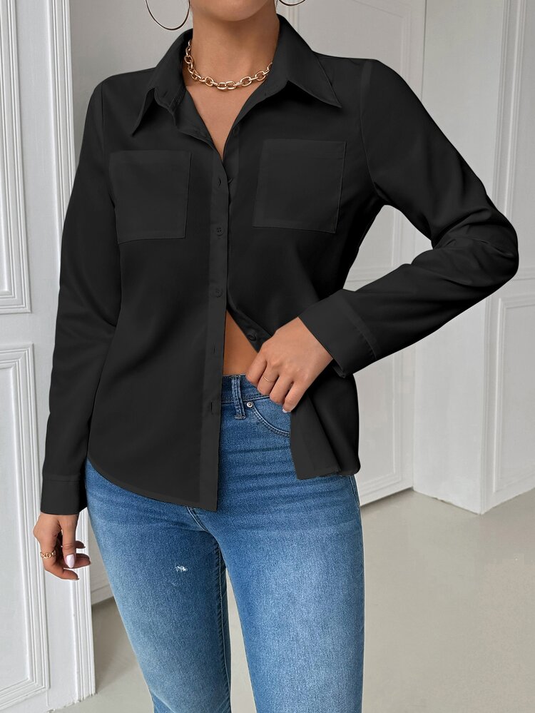 EMERY ROSE Casual Business Casual Elegant Collar Pocket Fitted Black Long Sleeve Women Blouse Women Shirt Autumn Cloth For Women Office Night Out - Black - View 6