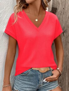EMERY ROSE Women's Solid Color V-Neck Batwing Short Sleeve Casual Loose T-Shirt - Red - View 7