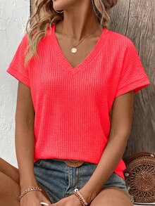 EMERY ROSE Women's Solid Color V-Neck Batwing Short Sleeve Casual Loose T-Shirt - Red - View 8